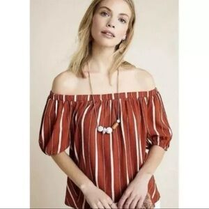 ANTHROPOLOGIE Elodie Terracotta & White Stripe Off the Shoulder Top
